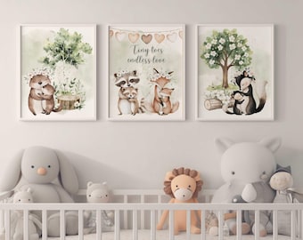 Woodland Nursery Art Prints: Mama & Baby Animals (Set of 3, Digital Download)