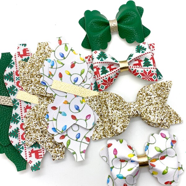 4 pcs Pre Cut Leather Christmas Bows Set DIY Baby Bows Faux Leather Bow Supply Baby Hair Headband Bow.