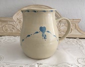 SALE Vintage White Ironstone Pitcher with Blue Folk Art Trim