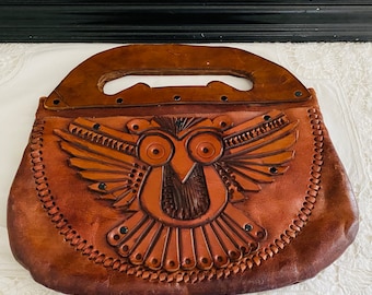 Vintage  OWL Tooled Leather Purse/Handbag 1970s Retro