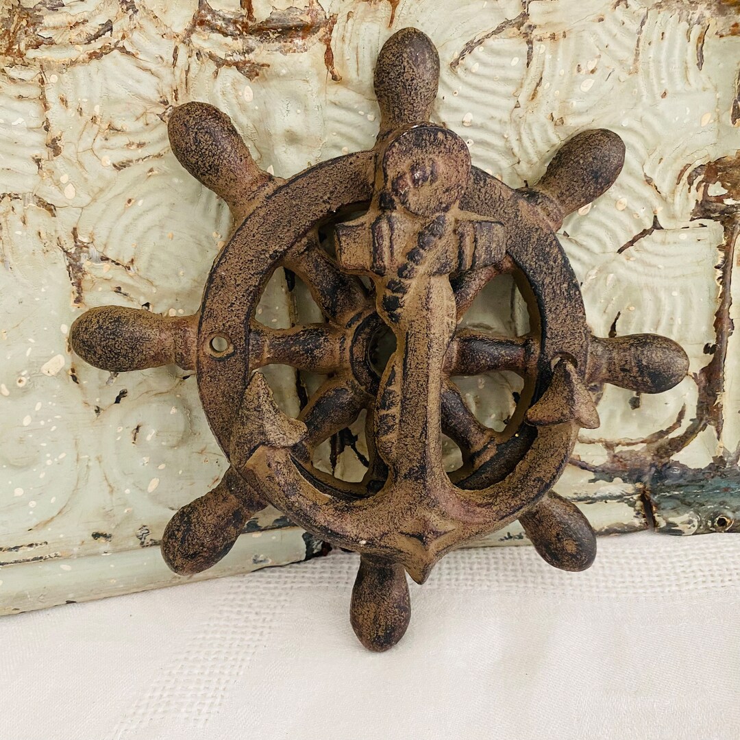 Cast Iron Nautical Ship’s Wheel Dolphin Door Knocker – Antique Style, Green Finish