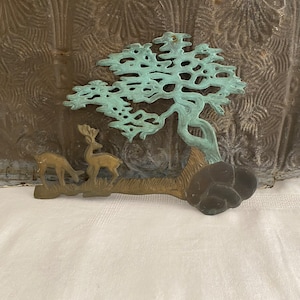 Vintage   Verdigris Metal Deer and Trees   Wall or Door Decor