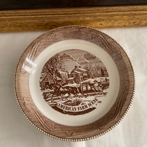 Vintage Ceramic Royal China Jeanette Pie Plate Currier & Ives American Farm Scene