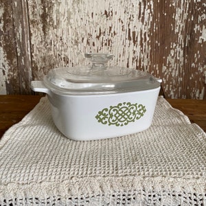 Vintage  White Casserole with Green Scroll