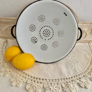 Vintage  White Enamelware Colander with Black Trim