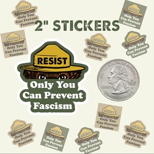 K&ouml;nnte beinhalten: Eine Auswahl an Aufklebern mit dem Text "Only You Can Prevent Fascism" und einer Figur, die an Smokey Bear erinnert und einen Hut mit "RESIST" tr&auml;gt. Die Aufkleber sind 5,08 cm gro&szlig; und haben verschiedene Formen.