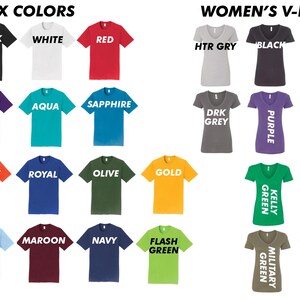 May include: A chart showing unisex and women's v-neck t-shirt colors. The chart shows 24 different colors, including heather grey, black, white, red, charcoal, purple, aqua, sapphire, kelly green, orange, royal, olive, gold, dark heather grey, light blue, maroon, navy, flash green, military green, cardinal, and navy.