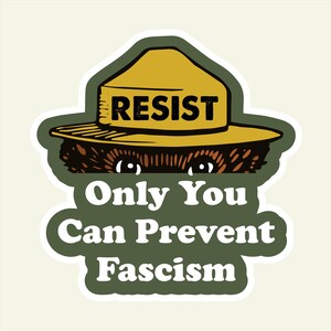 K&ouml;nnte beinhalten: Aufkleber mit einem B&auml;ren, der einen Rangerhut mit dem Wort "RESIST" tr&auml;gt. Der Aufkleber enth&auml;lt auch den Text "Only You Can Prevent Fascism" in wei&szlig;en Buchstaben auf gr&uuml;nem Hintergrund.