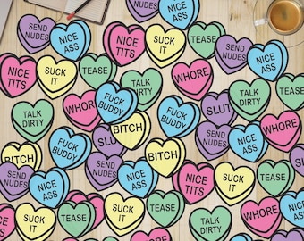 50 pc Naughty Dirty Candy Heart Valentines Day Sticker Pack Valentine Day treat labels adult naughty vulgar stickers for Valentines day gag