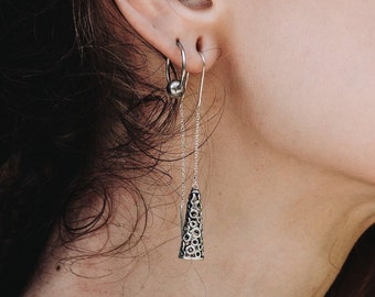 Sterling silver ear threader earrings, Long cone Tibetan dangle thread earrings, Ethnic statement handmade women thread, Black owned jewelry