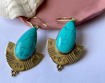 Turquoise or lapis lazuli ethnic drop earrings, Everyday gold Gemstone earrings