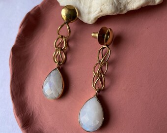 Gold Chain Moonstone Earrings, Dangle Labradorite stud earrings,  Brass Teardrop Gemstone Earrings