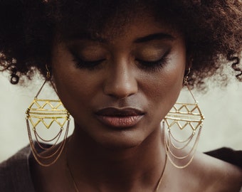 Berber statement chandelier earrings in gold plated brass, African large tribal ethnic jewelry, Oversize boho ear weights with chains