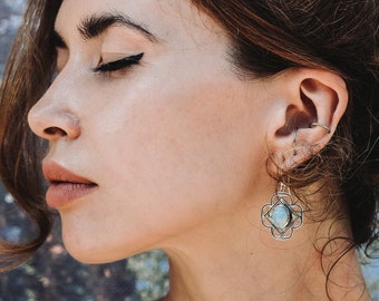 SHARA - Larimar flower earrings in silver - Aesthetic African Earrings - Blue Gemstone earrings