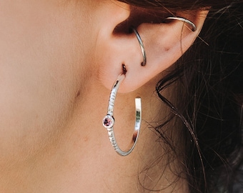 Berber stud earrings in sterling silver, Dainty open hoop earrings, Rhodolite, emerald, black spinel or amethyst earrings, Long gem earrings