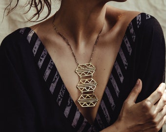 Berber long gold lariat necklace, African geometric statement pendant necklace for women