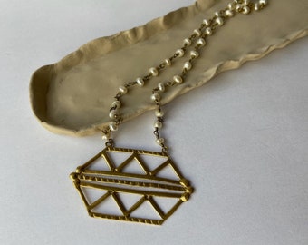 Boho sacred geometry aesthetic necklace with pearl chain, Berber hexagon pearl necklace