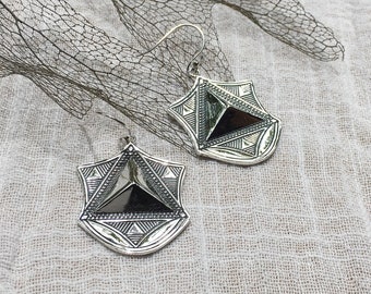 Berber tribal geometric engraved earrings in sterling silver, Large Tuareg dangles, African ethnic boho earrings