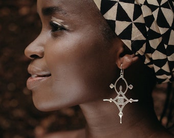 Bold Tuareg Cross Earrings, Berber-inspired Silver African Statement Earrings for Women