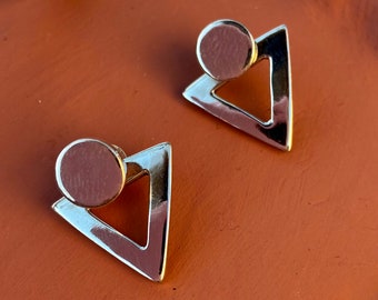 Edgy triangle silver ear jacket earrings, statement  geometric stud earrings gift for her