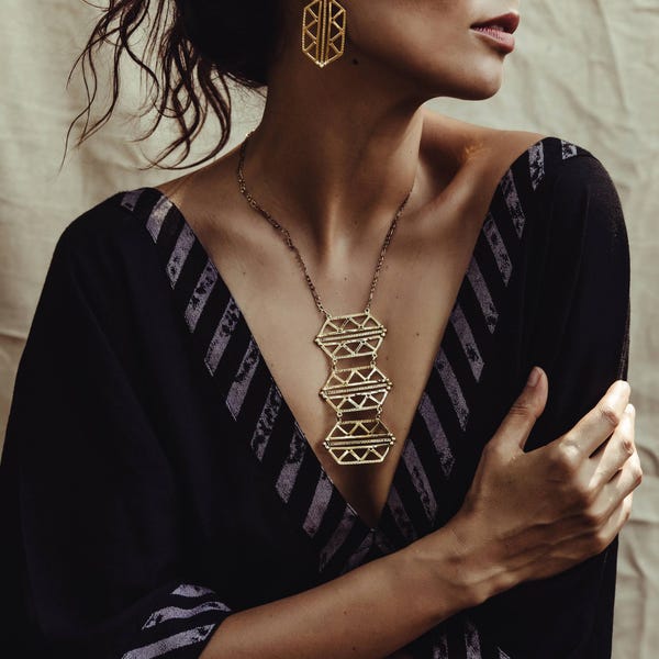 Berber long gold lariat necklace, African geometric statement pendant necklace for women