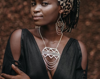 DUNE Statement Jewelry Set Handmade in Silver - Tuareg Jewelry - Modern Berber Earrings and Bold Necklace