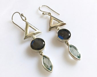 Cute silver triangle with topaz and labradorite dangle earrings, moonstone light gemstone earrings for her