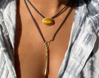 Tuareg layered necklace, lariat necklace with tigers eye and tusk pendant brass, summer choker necklace for her