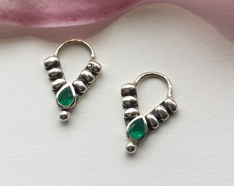 Tribal huggie hoop earrings with green onyx, Small triangle huggie earrings set,  African Berber gemstone earrings