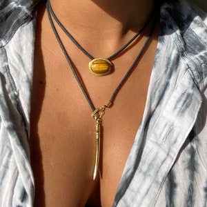 Tuareg layered necklace, lariat necklace with tigers eye and tusk pendant brass, summer choker necklace for her image 1