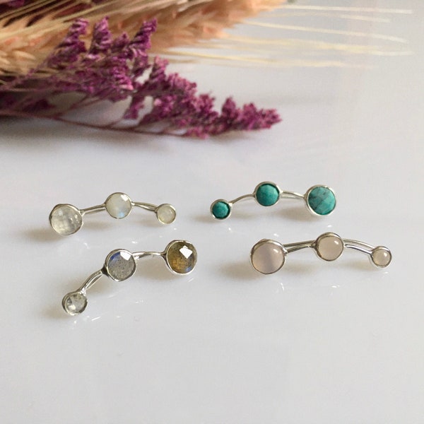 Tiny sterling silver ear climbers with gems, Handmade women ear crawlers