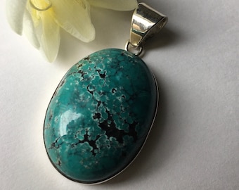 Oval turquoise pendant, Sterling silver cabochon stone pendant, Chunky gem necklace, Boho gemstone indie jewelry, Black owned alt jewelry