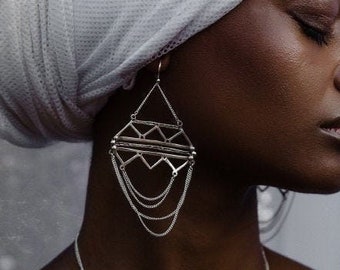African ethnic silver earrings, Big Berber geometric earrings