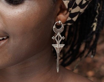 AYUR Long Tuareg Cross Earrings, Tribal Silver Statement Studs Earrings, Ethnic Berber earrings, Unique Tuareg Jewelry gift for Women