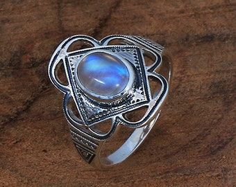 Sterling silver moonstone flower ring, gemstone Tuareg inspired ring for her