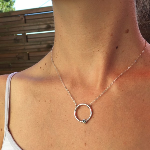 Silver carma dainty eternity hoop necklace with black spinel, opal or green onyx, Karma necklace on chain, O ring circle jewelry women gift