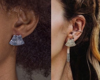 Egyptian sterling silver 2in1 fan earrings, Berber textured stud earrings with chain jackets