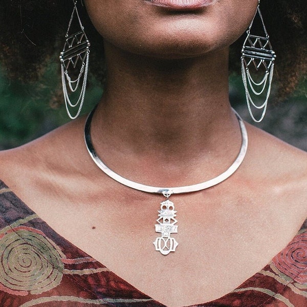 Collier torque en argent avec pendentif style touareg, collier ras du cou ethnique africain fait main