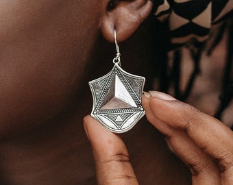 Engraved silver geometric Tuareg earrings. Stamped ethnic jewelry. Tribal Berber Bedouin triangle earrings. Large dangles Gift for her