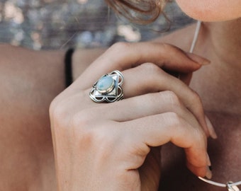 Ethnic statement larimar ring in silver, Tuareg inspired moonstone boho ring