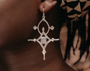 Berber Cross Earrings in Silver, Ethnic Tuareg Earrings, Statement African earrings for women