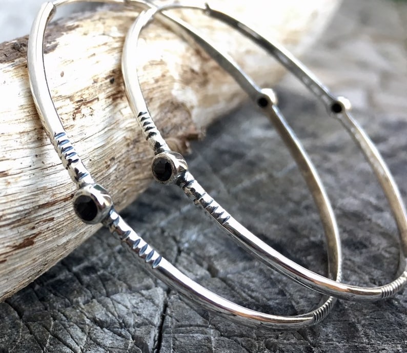 Extra large sterling silver hoops with gems, Amethyst, emerald, rhodolite garnet or black spinel earring, Big thin indie boho stone earrings image 4