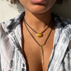 Tuareg layered necklace, lariat necklace with tigers eye and tusk pendant brass, summer choker necklace for her image 5