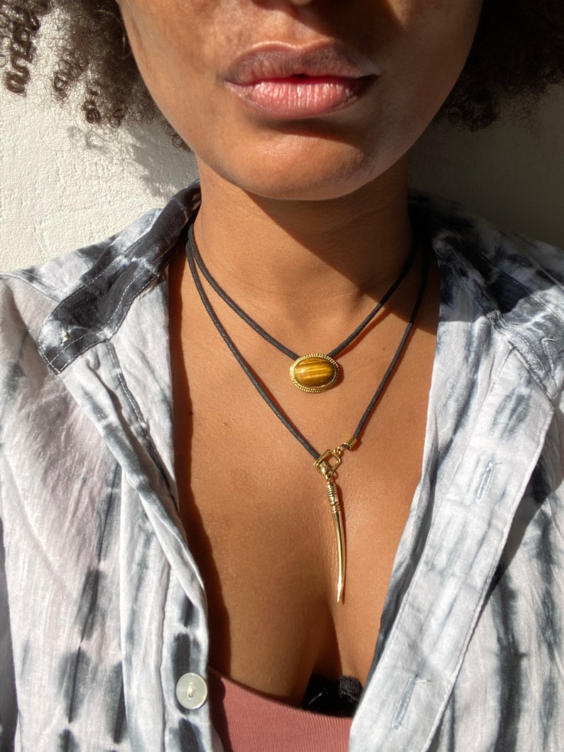 Tuareg layered necklace, lariat necklace with tigers eye and tusk pendant brass, summer choker necklace for her image 5
