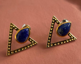 Triangle Lapis lazuli stud earrings, Small textured minimalist blue gemstone earrings, September birthstone gift