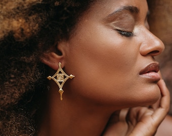 Moroccan ethnic brass earrings. Tuareg Agadez cross studs. Statement African jewelry for women