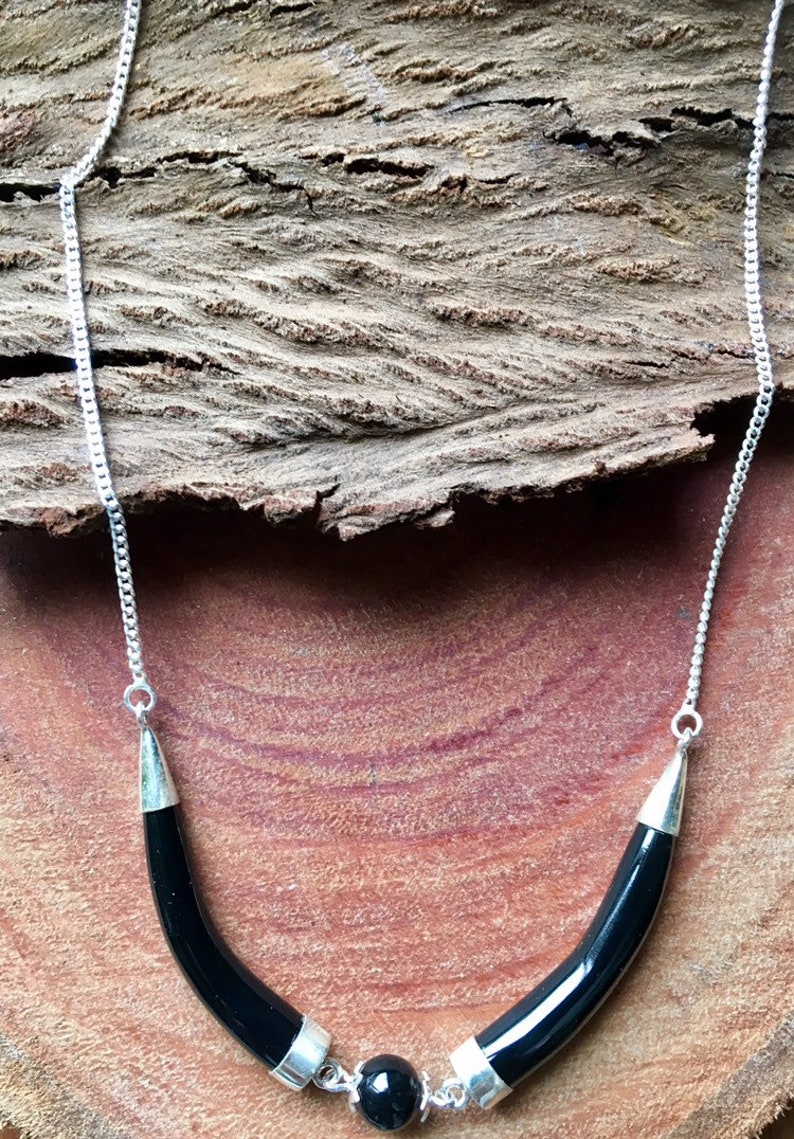 Black Onyx Silver Necklace, Gemstone Tusk pendant necklace, boho statement jewelry for her image 2