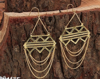 African statement chandelier earrings in gold plated brass, Berber ethnic jewelry, Sacred geometry tribal dangles, Large boho indie earrings