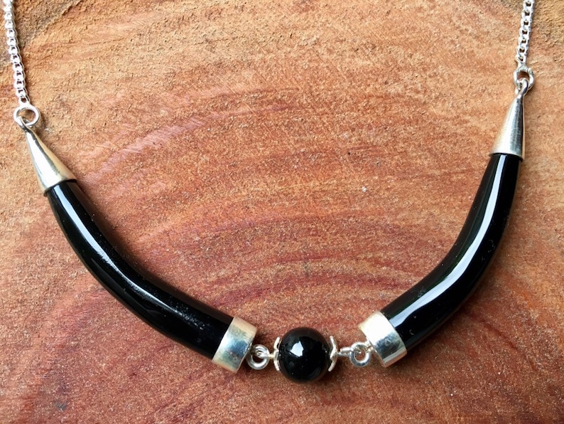 Black Onyx Silver Necklace, Gemstone Tusk pendant necklace, boho statement jewelry for her image 4