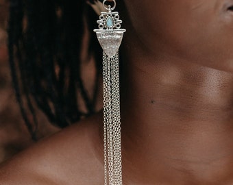 Bohemian Silver Chain Tassel larimar earrings, shoulder duster earrings, extra long statement earrings